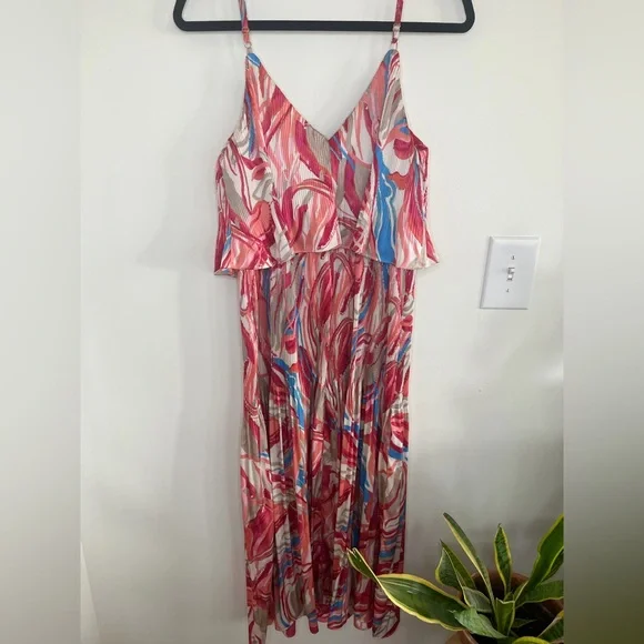 Adelyn Rae Pleated Midi Dress Pink Blue & Coral V-Neck Ruffled Layered Dress - Picture 4 of 5